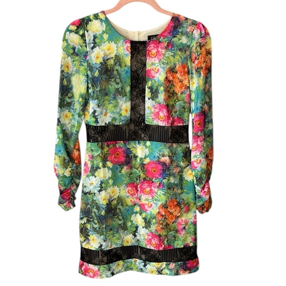 ELLIATT Small Garden Floral Cocktail Dress Lace Trim Long Sleeve